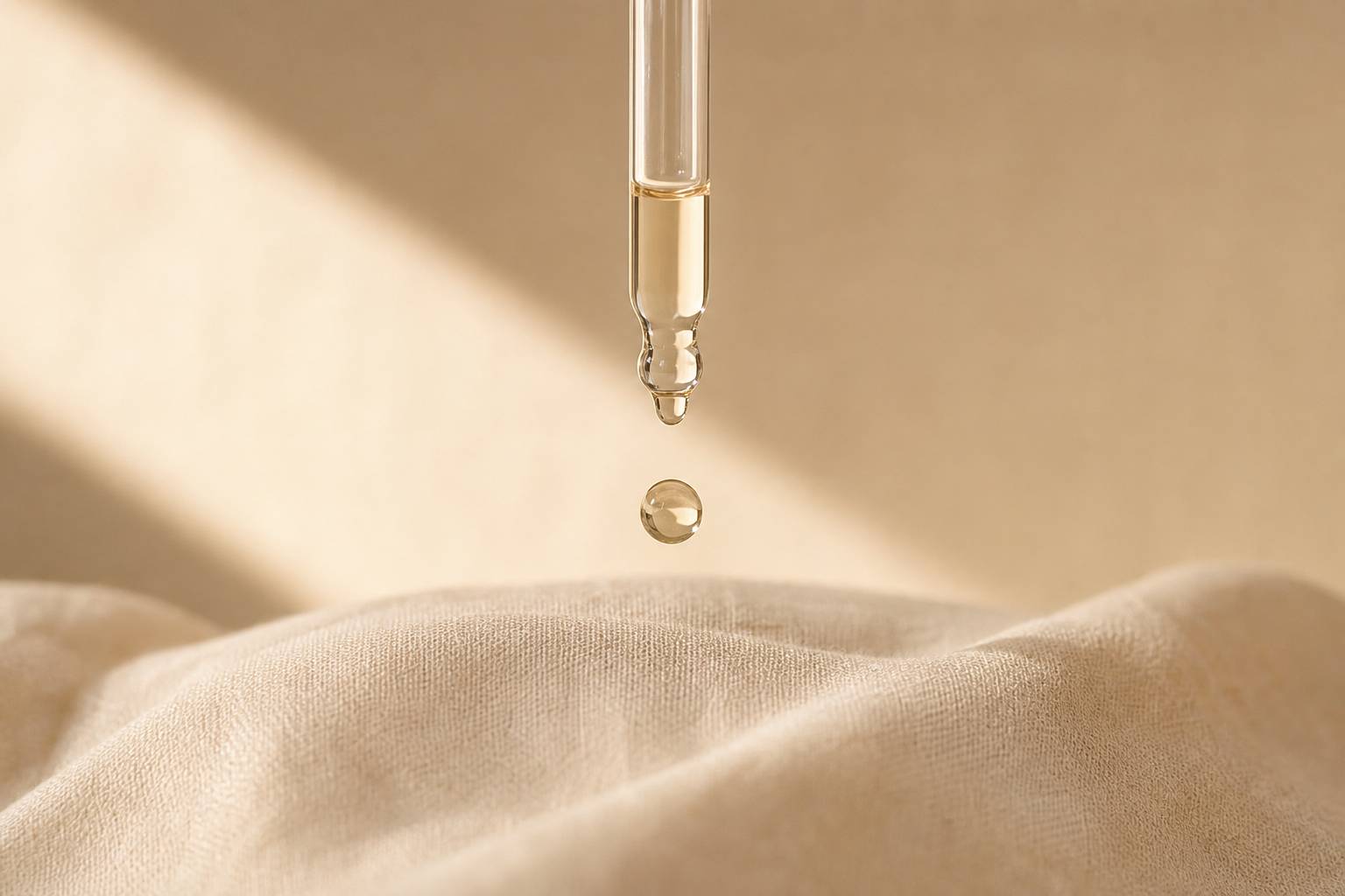 A glass dropper releasing a single drop of Rooted Calm Serum