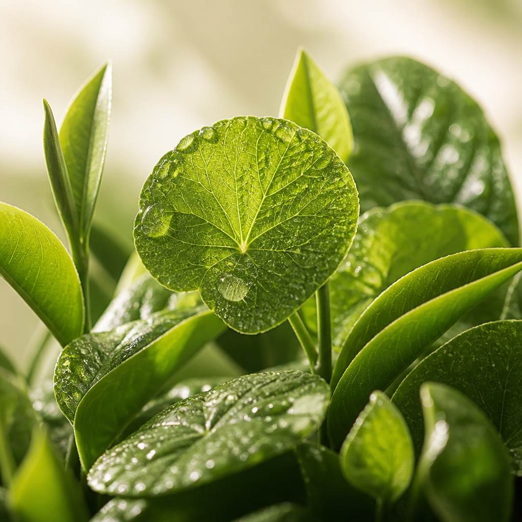 Macro close-up of fresh centella asiatica leaves with dew