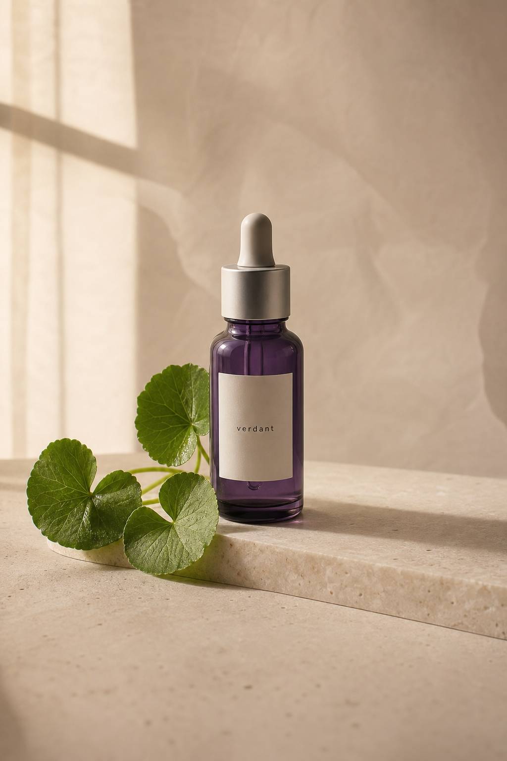 Rooted Calm Serum in a violet-glass dropper bottle resting among fresh centella leaves on a pale stone slab