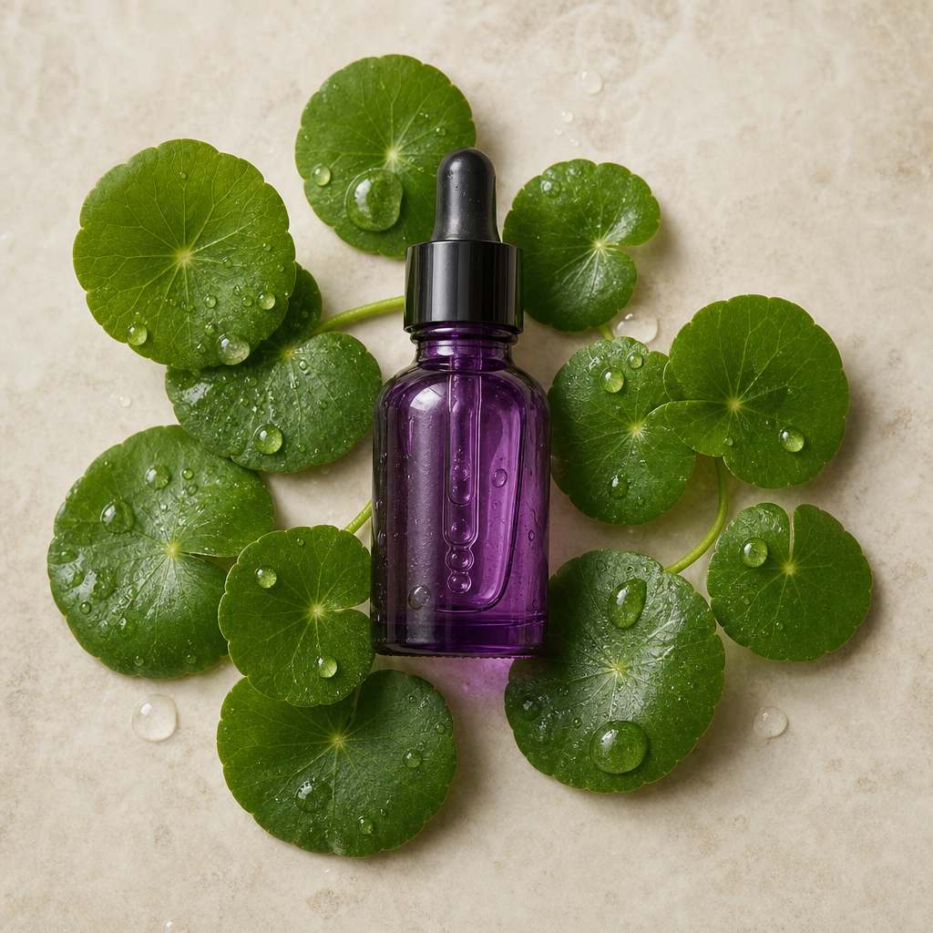 Botanical macro of centella leaves — the serum's key active