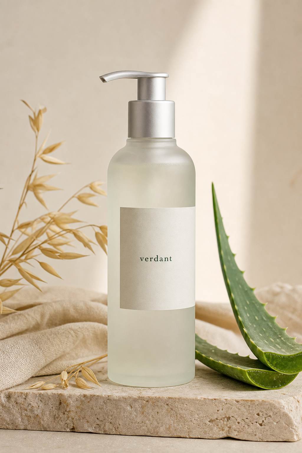 Meadow Dew Gel Cleanser in a frosted pump bottle on a pale stone surface