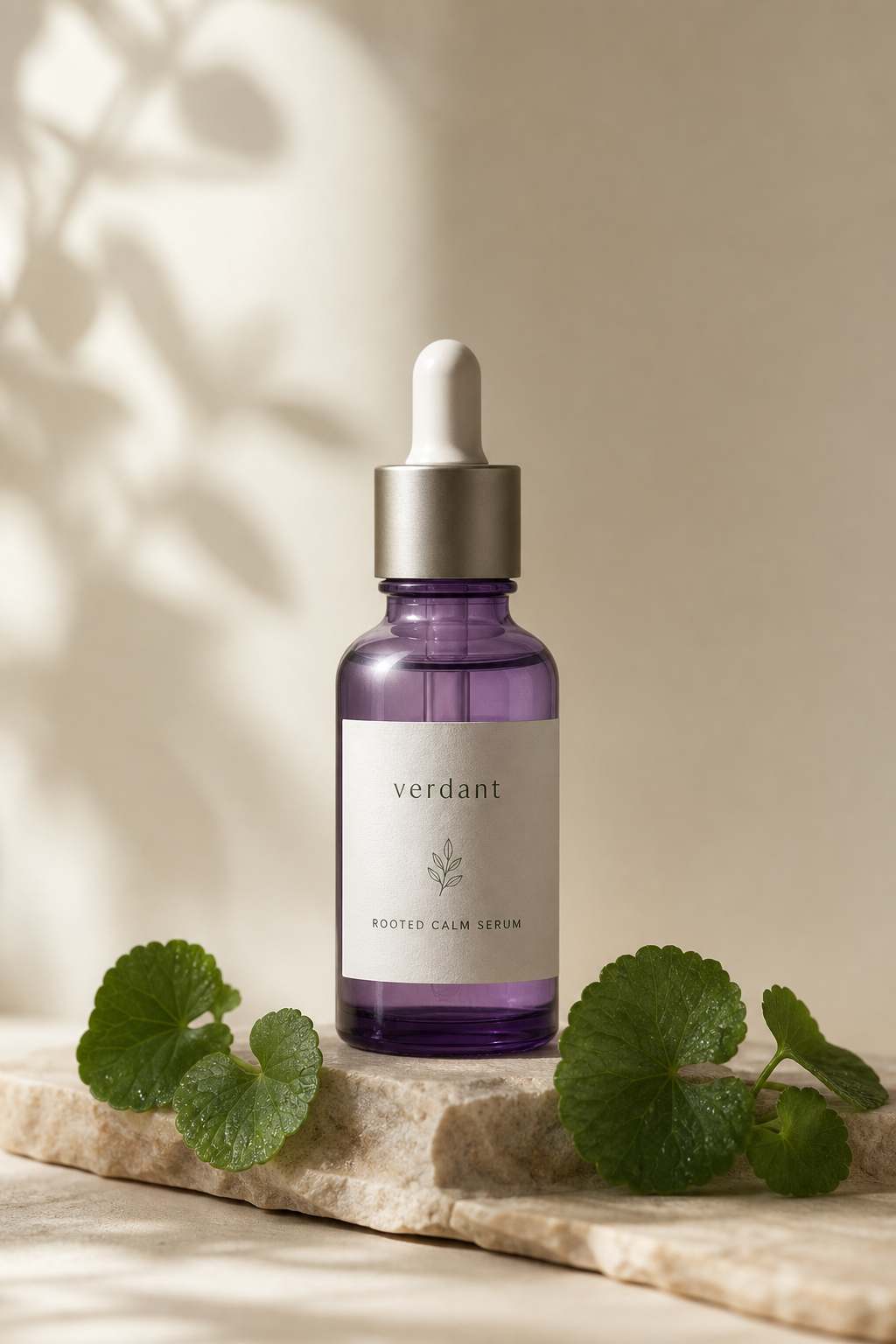 Rooted Calm Serum in its violet-glass dropper bottle on pale stone