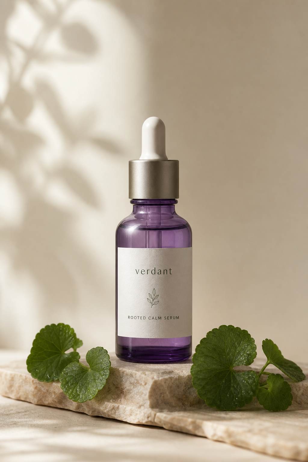 Rooted Calm Serum in a violet-glass dropper bottle among fresh green leaves