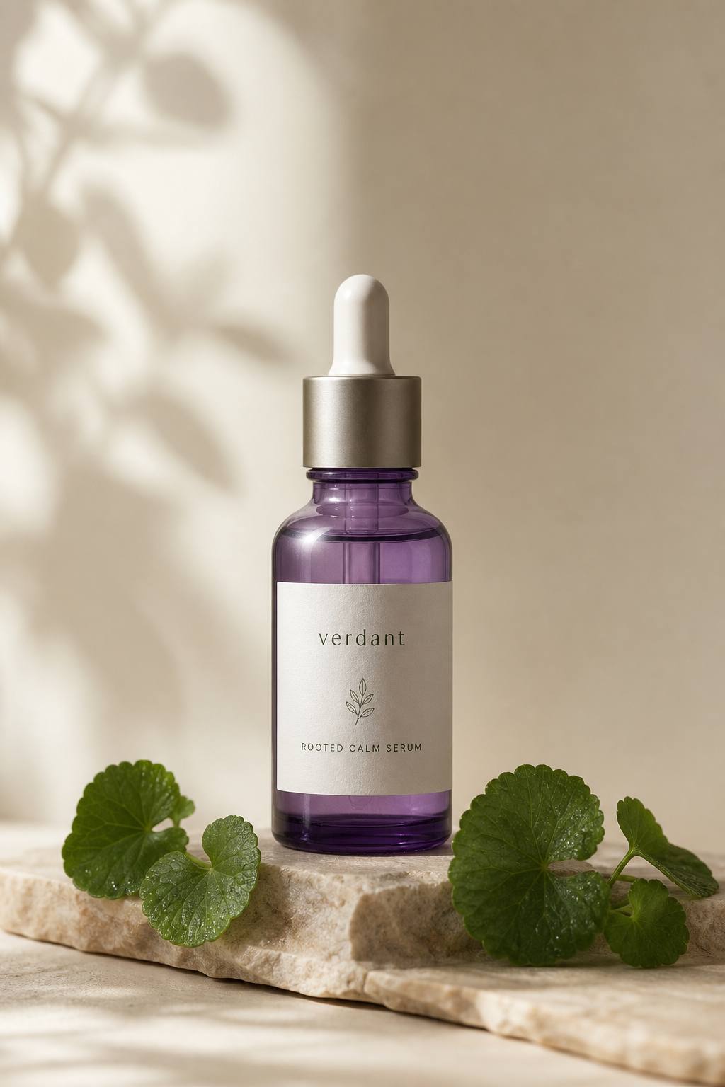 Rooted Calm Serum in its violet-glass dropper bottle on pale stone
