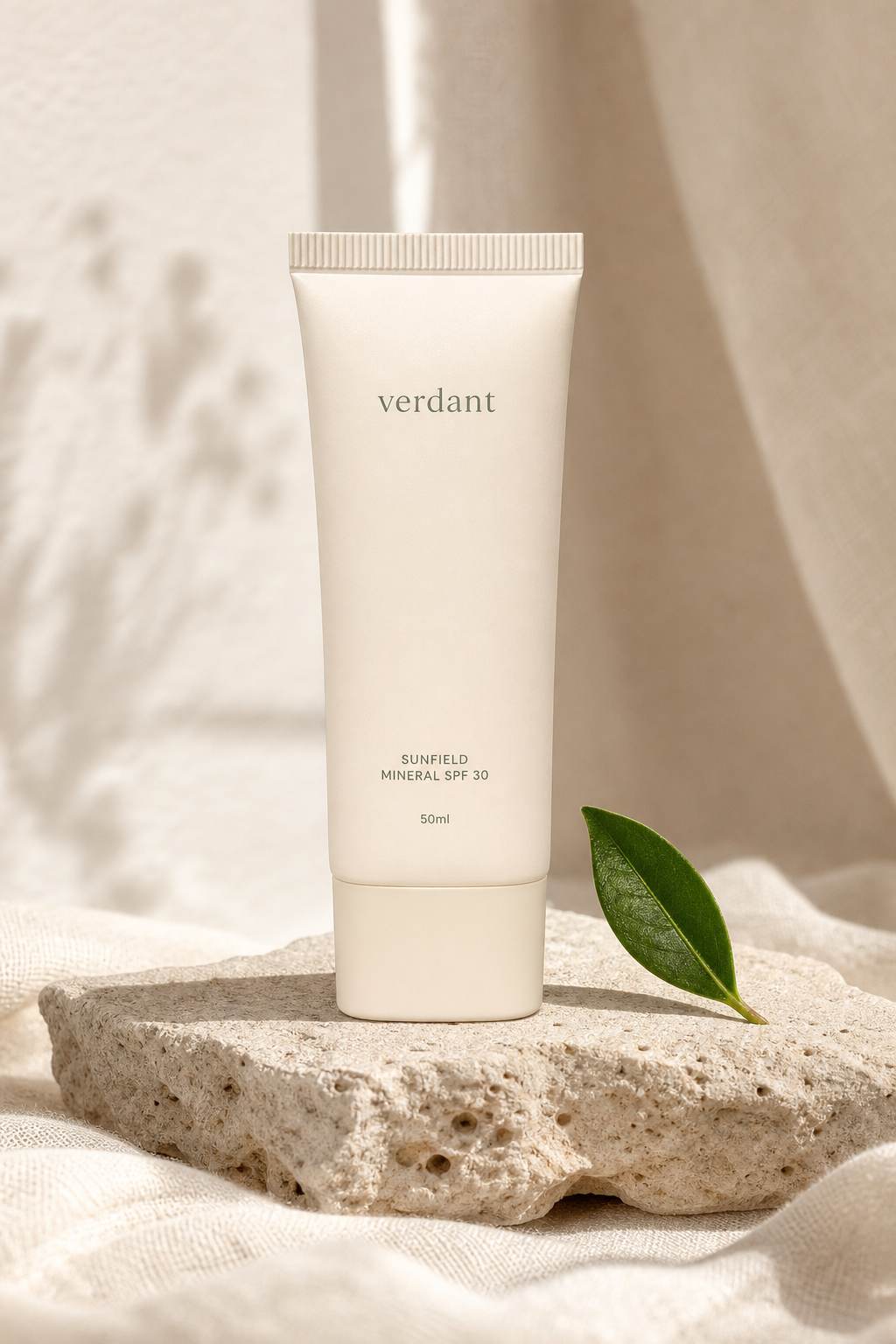 Sunfield Mineral SPF 30 tube resting against smooth river stones