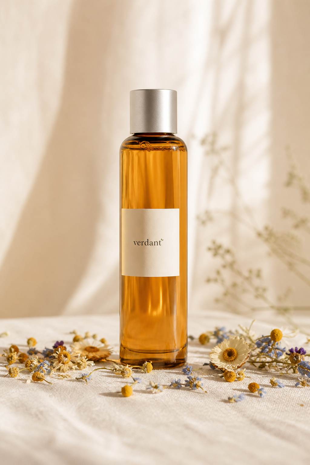Wildflower Resurfacing Toner in an amber-glass bottle beside dried botanicals