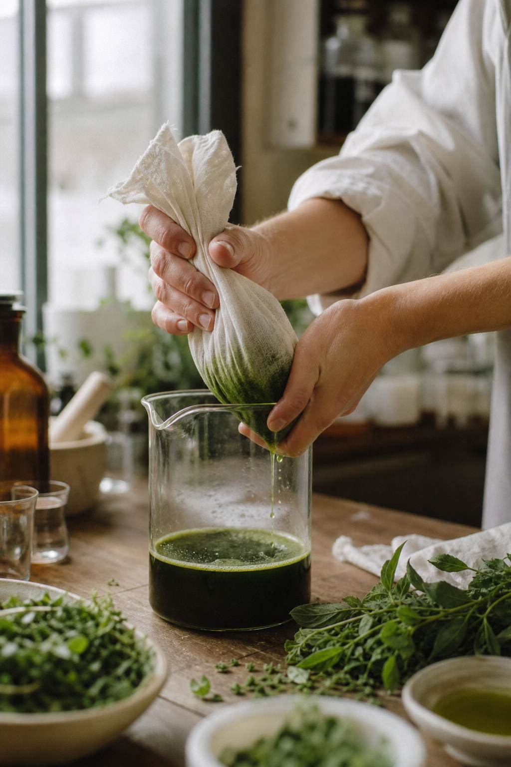 Botanical extracts being cold-pressed in a small-batch Portland lab